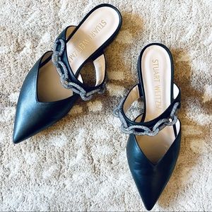 Stuart Weitzman Black Pointed Toe Crystal Chain Strap Khloe Flat Mule Size 7 1/2